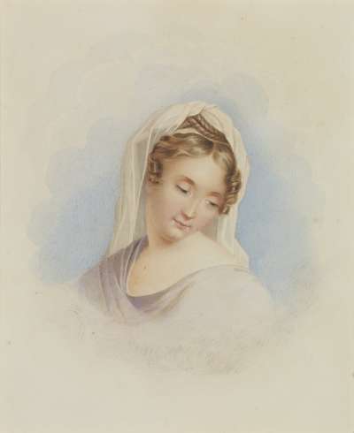 Image of Young Girl, Eyes Cast Down, White Shawl over Head