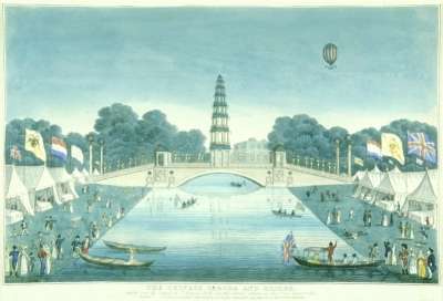 Image of The Chinese Pagoda and Bridge Erected over the Canal in St. James’s Park for the Grand Jubilee of the 1st of August 1814