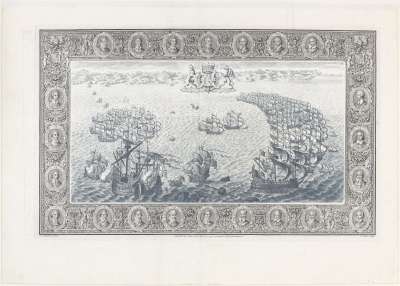 Image of IV: De Valdez’s Galleon springs her Foremast, and is taken by Sir Francis Drake. The Lord-Admiral with the Bear and Mary Rose, pursue the Enemy, who are in the Form of a Half Moon