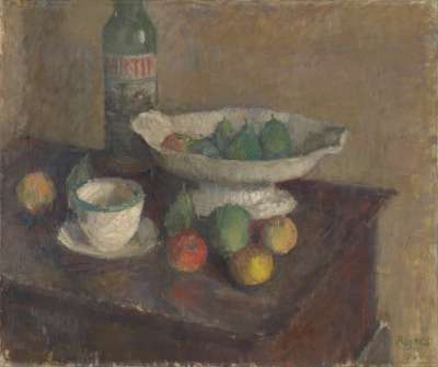 Image of Still Life: Fruit Dish and Martini Bottle