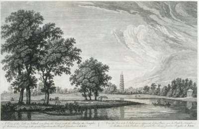 Image of A View of the Lake & Island seen from the Lawn, with the Bridge, the Temples of Arethusa, & Victory, & the Great Pagoda, in the Royal Gardens at Kew