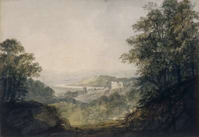 Image of Landscape with River, Castle Ruin, Village & Church