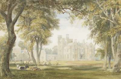 Image of Mansion in a Wooded Scene with Deer in Foreground