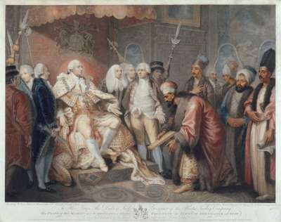 Image of His Majesty King George III and the Officers of State Receiving the Turkish Ambassador and Suit