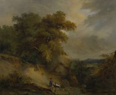 Image of A Wooded Landscape with a Huntsman & Two Dogs
