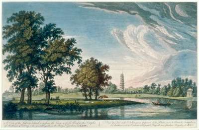 Image of A View of the Lake & Island seen from the Lawn, with the Bridge, the Temples of Arethusa, & Victory, & the great Pagoda, in the Royal Gardens at Kew