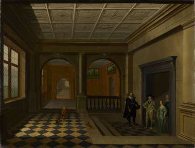 Image of An Interior with King Charles I, Queen Henrietta Maria, Jeffery Hudson, William Herbert, 3rd Earl of Pembroke and his brother Philip Herbert, later 4th Earl of Pembroke