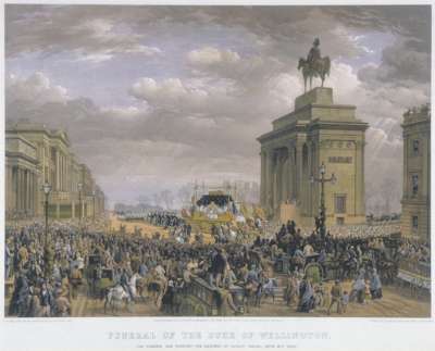 Image of Funeral of the Duke of Wellington: The Funeral Car Passing the Archway at Apsley House, 18 November 1852