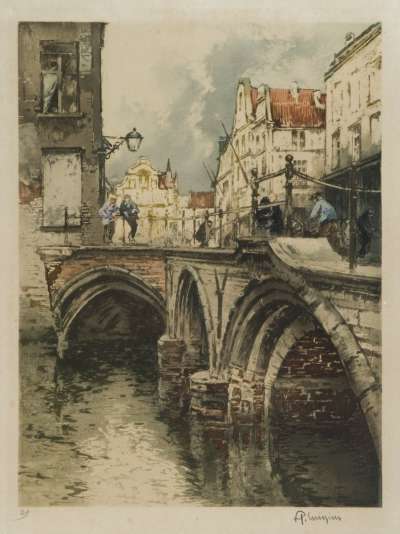 Image of Men on Bridge over Canal, Belgium
