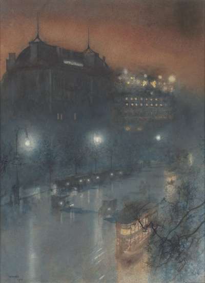 Image of Night Scene with Hotel in the Rain
