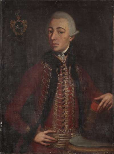 Image of Portrait of an unknown man in a wig and holding a book entitled ‘Syntagma Juris’
