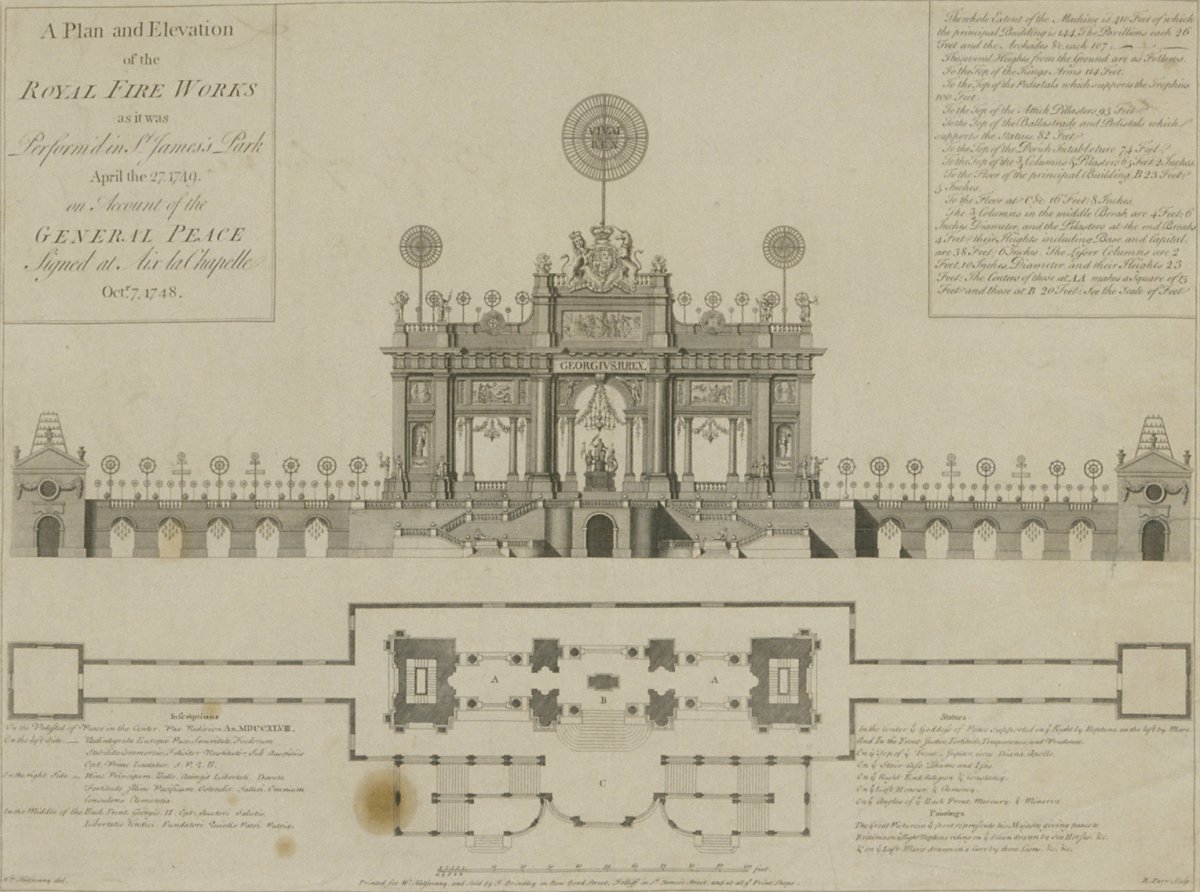 Image of A Plan and Elevation of the Royal Fire Works as it was Perform’d in St. James’s Park, April the 27 1749 on Account of the General Peace Signed at Aix la Chapelle, October 7, 1748