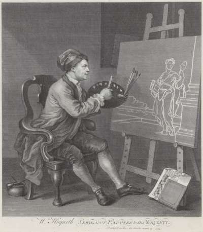 Image of William Hogarth (1697-1764) painter and engraver: self portrait painting the Comic Muse
