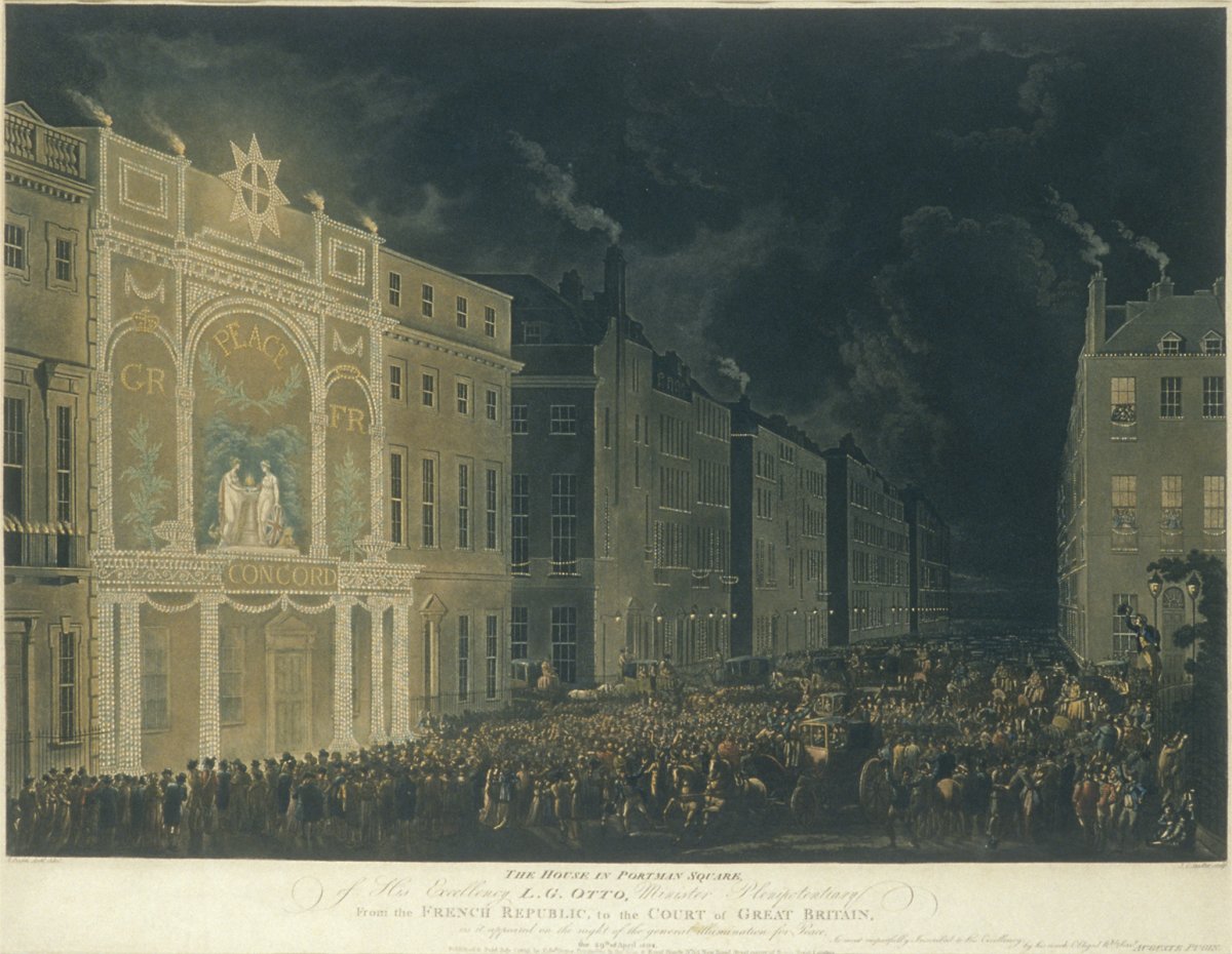 Image of The House in Portman Square of His Excellency L. G. Otto, Minister Plenipotentiary from the French Republic, to the Court of Great Britain as it appeared on the night of the general illumination for Peace, the 29th of April 1802