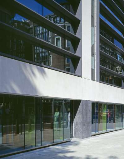 Image of Coloured glass vitrines, set in wall of Home Office building