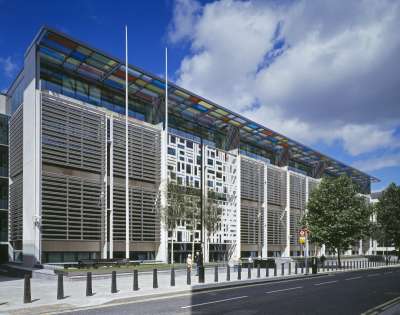 Image of Coloured glass canopy for Home Office building