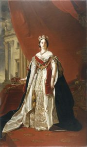 painting with a full-length portrait of Queen Victoria with her coronation robes and crown