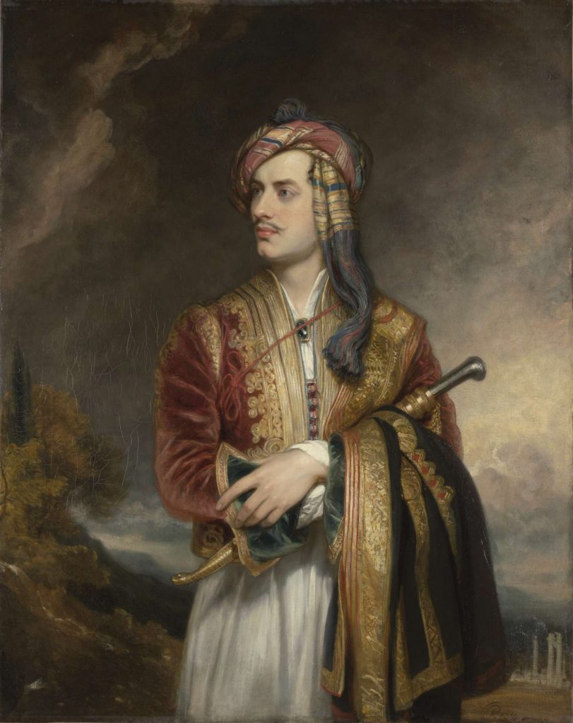 painting of a man in a Suliot costume, cloak wrapped around his arm