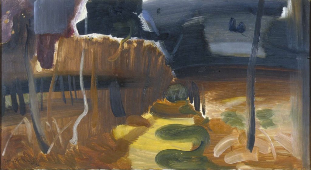 Abstract painting of a rural landscape with browns, blues, greens and other colours