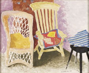 Two chairs and a stool with cushions