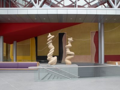 An atrium showing two works of art