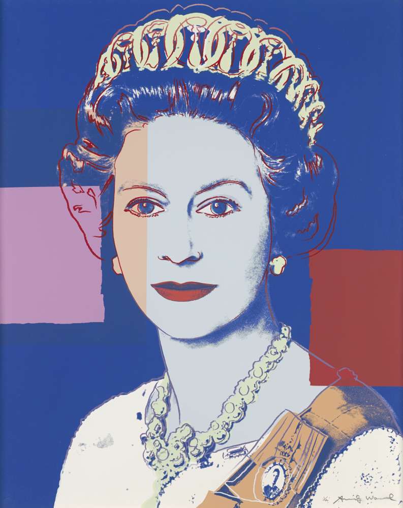 A portrait of Queen Elizabeth II against a blue background, with a pink rectangle on the left and a red on the right. She wears a crown and necklace, as well as a yellow sash.