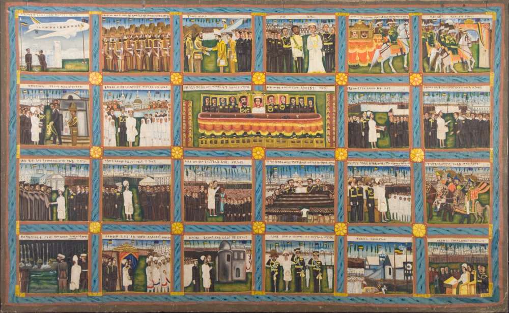 23 cartoon-like frames each depicting the Queen (wearing a white suit) and the Emperor to Ethiopia during a state visit