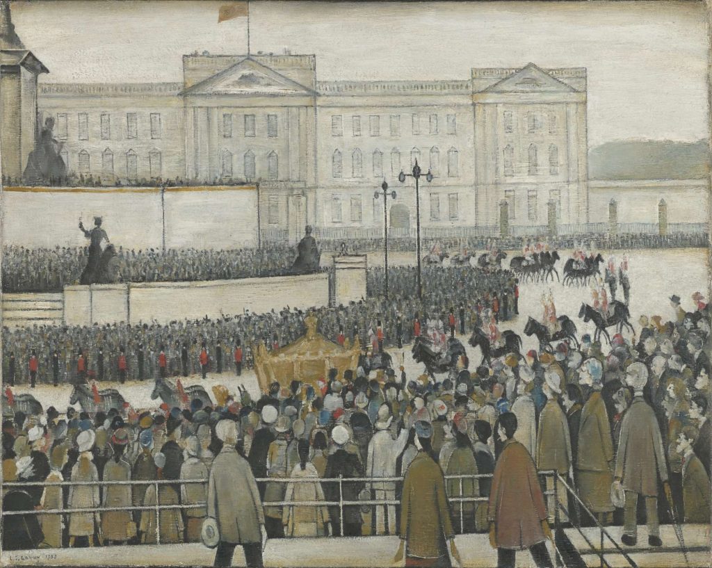 Lowry coronation; a drab day; thousands of stick-like figures crown in front of Buckingham Palace to watch a gold coach carrying the Queen to her coronation