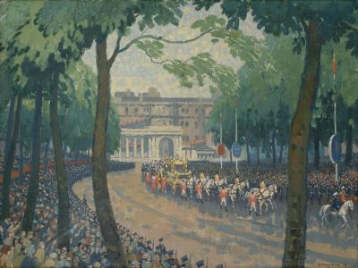 The Coronation procession entering Hyde Park, trees and crowds on either side of it
