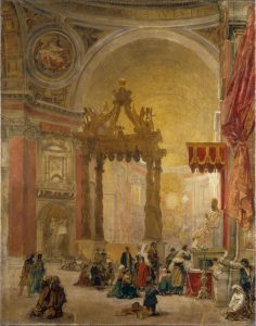 The inside of St. Peter's Cathedral in Rome, with dvout worshippers kneeling in the centre of the painting.