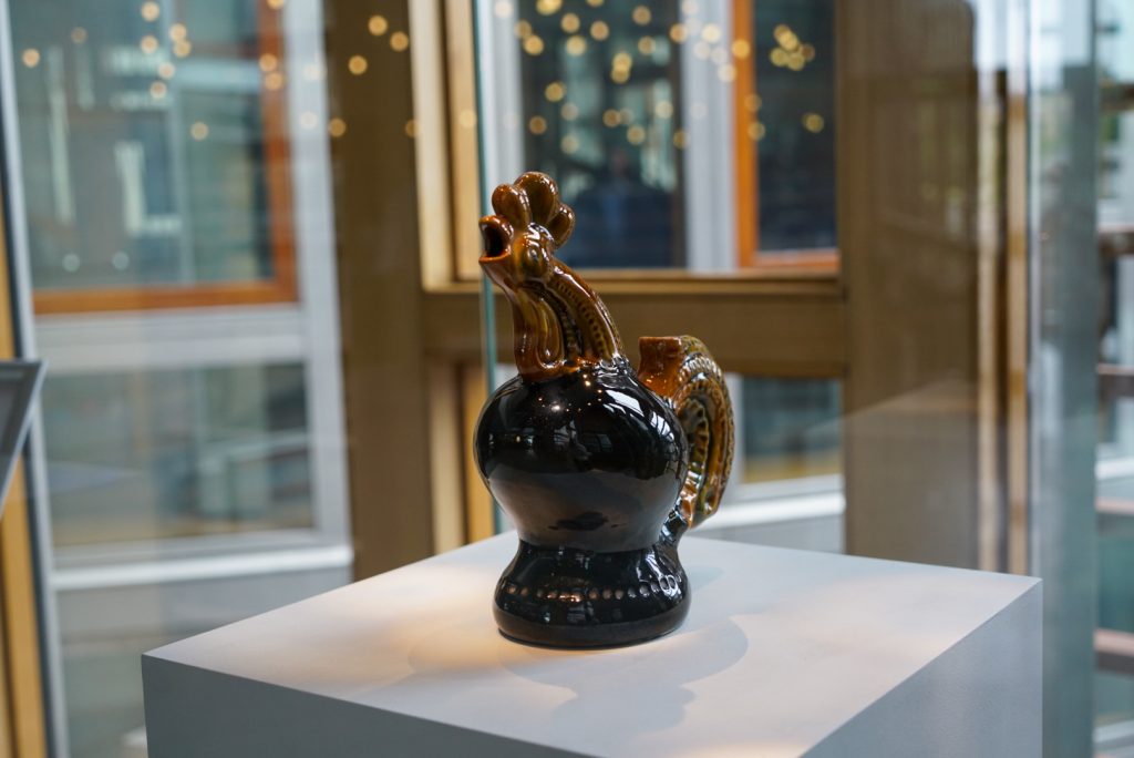 The Ukrainian rooster jug given to UK Prime Minister Boris Johnson in April 2022 while he visited Kyiv, at the Edinburgh International Culture Summit.
