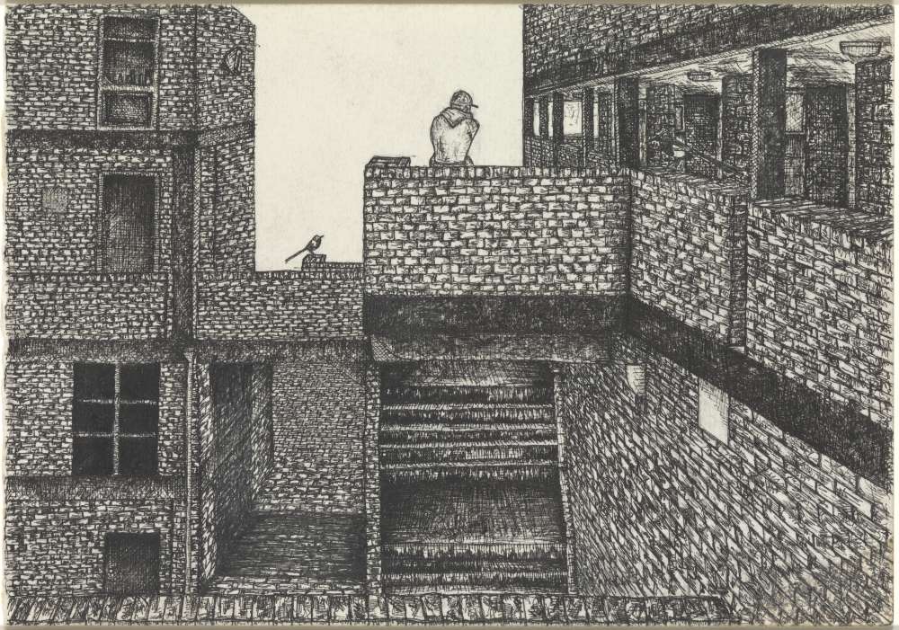 A drawing of a London estate; a figure wearing a baseball cap sits with his back to the viewer at a staircase; small birds surround him.