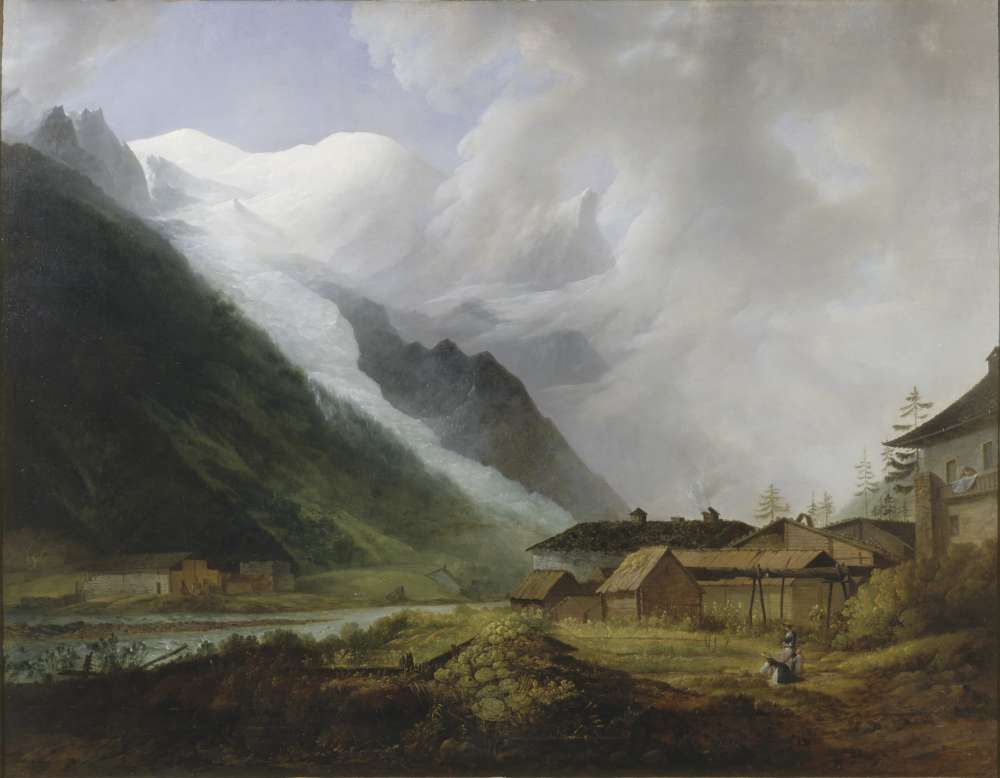 A mountain scene under the cover of mist; small structures sit at the foot of the mountain (possibly cottages on a farm), close to a flowing river.
