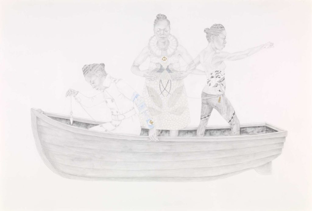 Three women appear to be floating on a small boat.