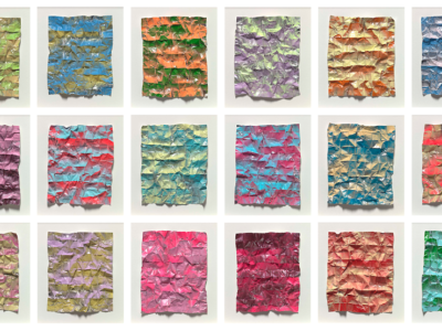 A series of 18 artworks in rows of three; each artwork is a piece of foil scrunched up in different colours.