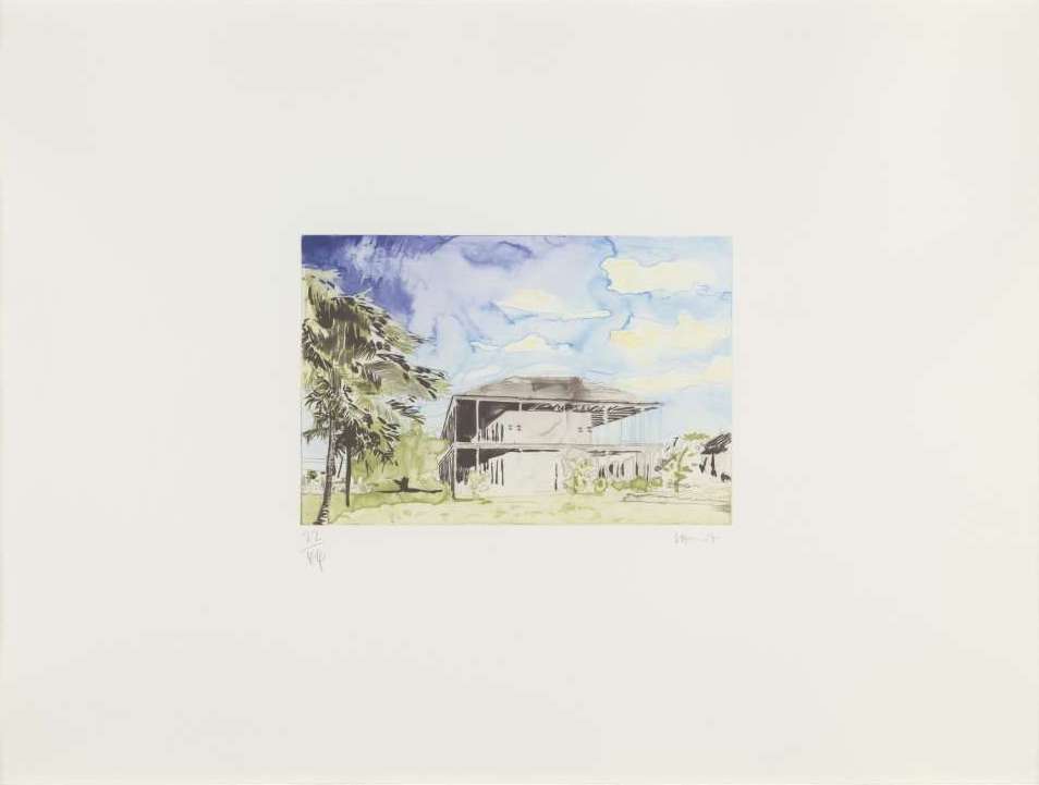A watercolour image of a house set against a blue sky and tall, green trees.