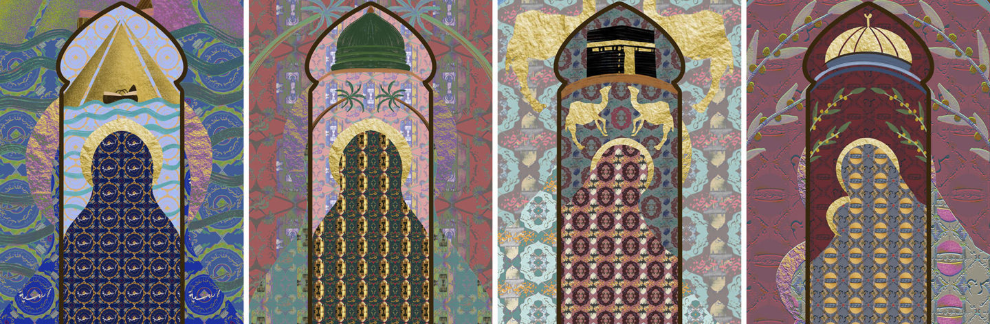four collage-like images made of different shapes and patterns; shiny, metallic sheets sit behind an outline of a woman in each of them
