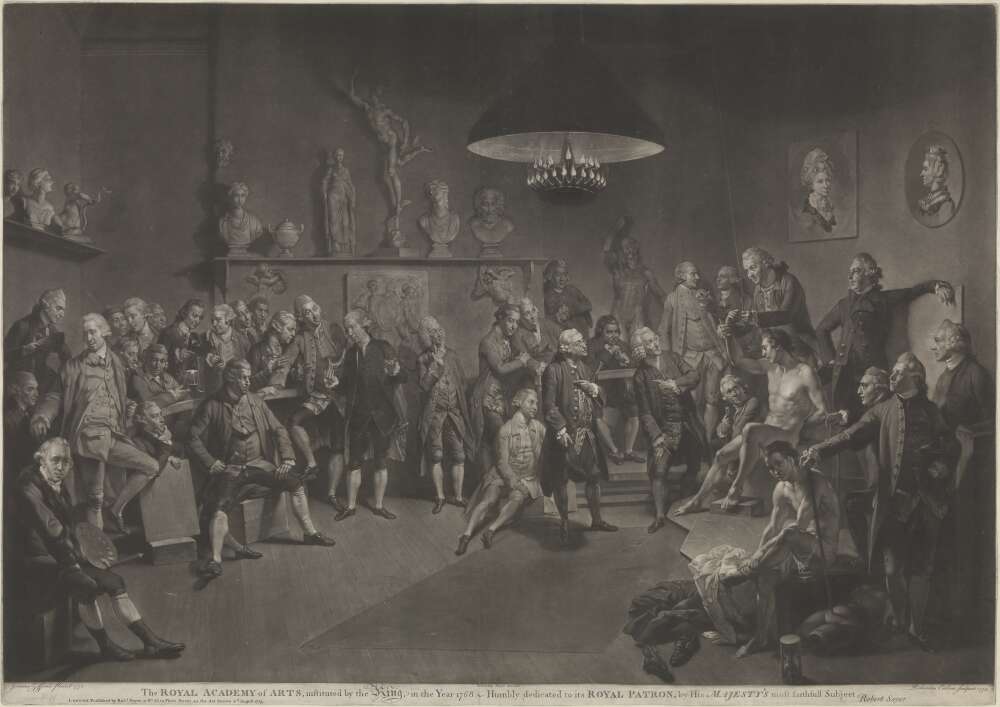 35 men occupy this frame. On the right are two naked male sitters, one perched on a dais, his hand held up by a sling, and the oil lamp casting a glow on his body. A life drawing class is about to begin.