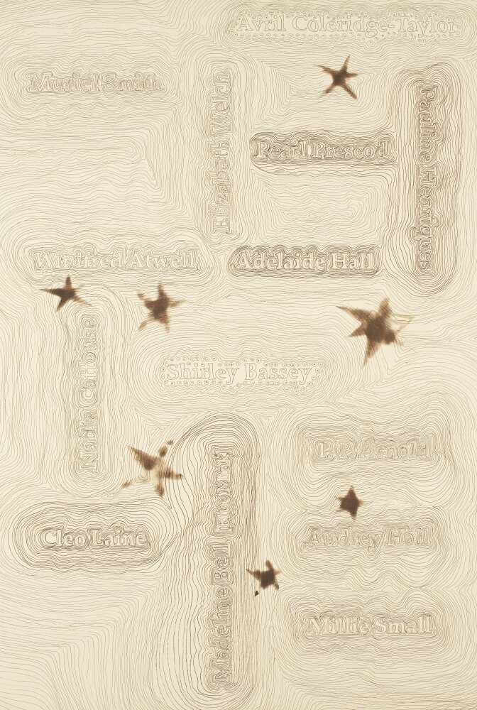 hand-drawn stars and women’s names appear faded and hard to read against a beige background